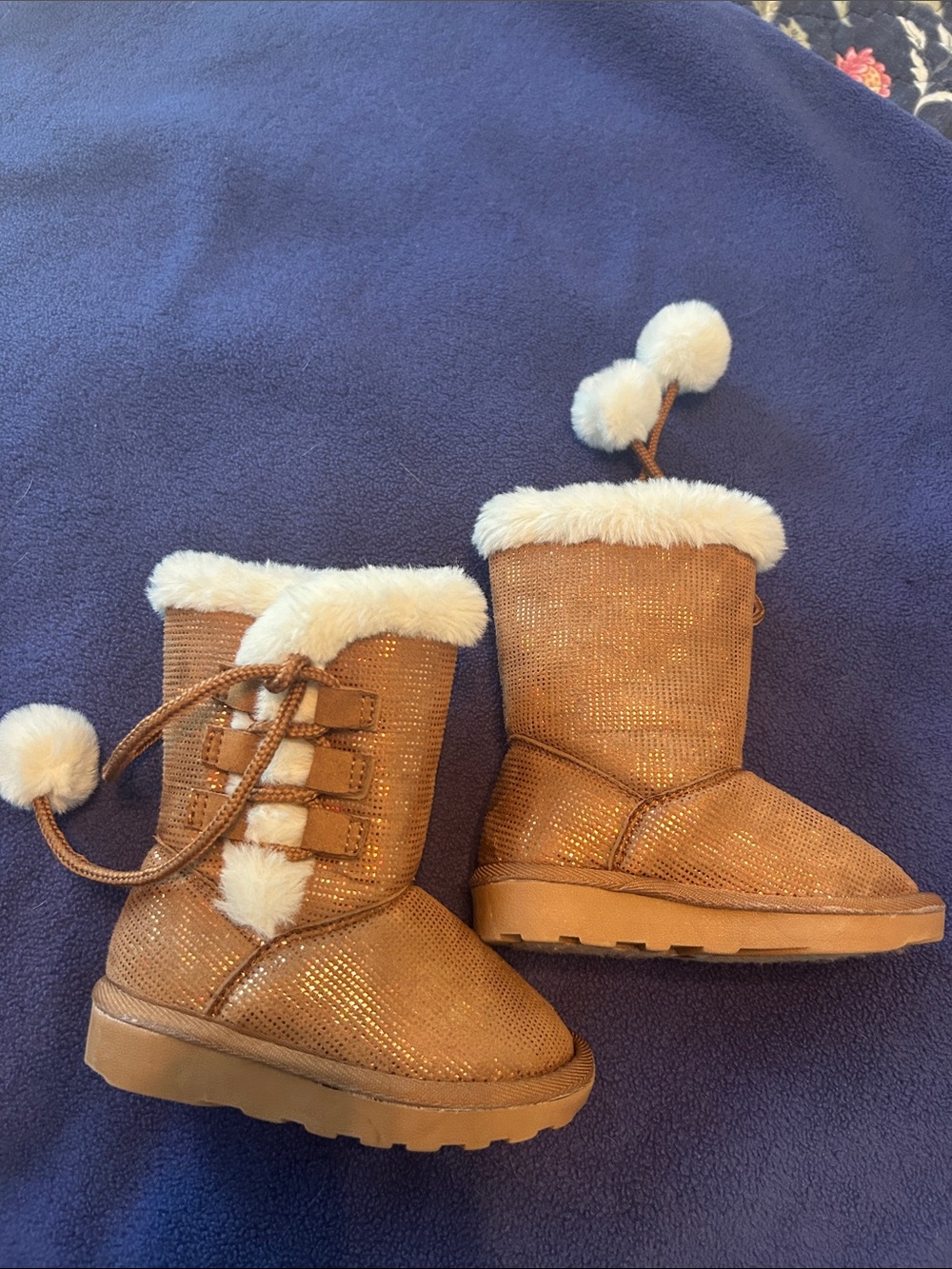 Rampage Girls' Tan Sparkle Faux-Fur Pom Boot